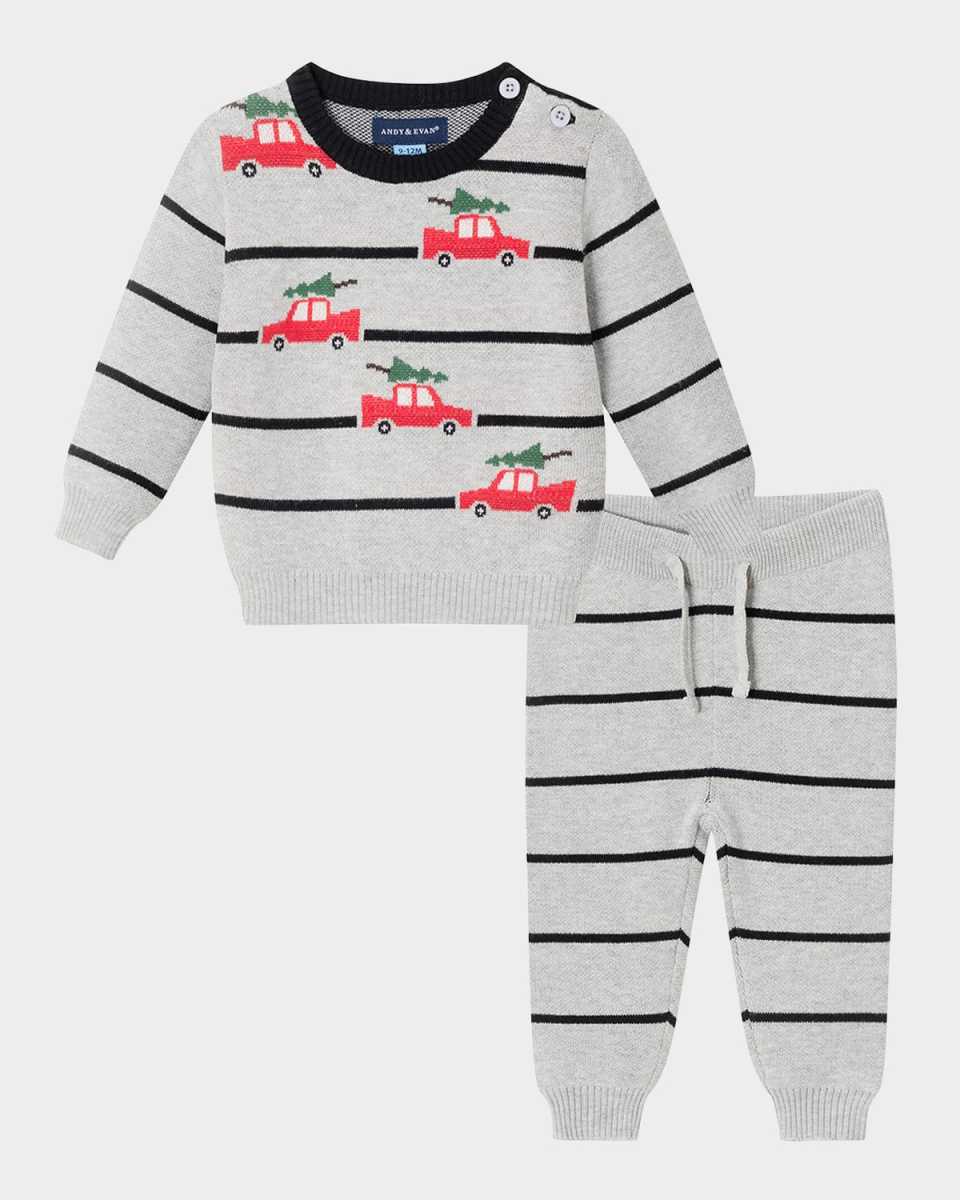 Boy's Striped Holiday Sweater W/ Twill Pants Set, Size Newborn-24